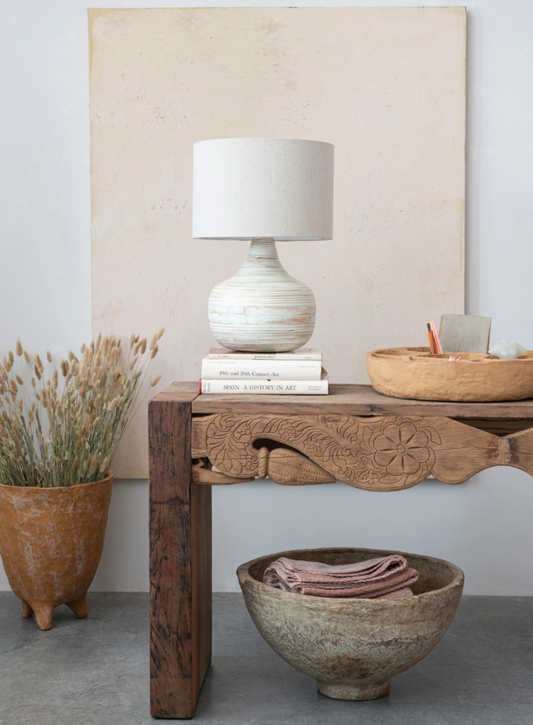 Bamboo Table Lamp w/ Linen Shade, Whitewashed